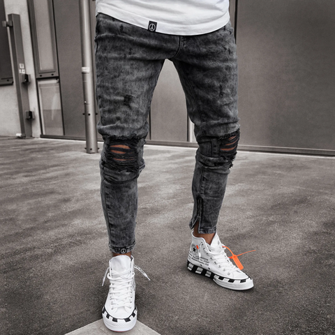 Men's Fashion Mid Waist Ripped Slim Jeans