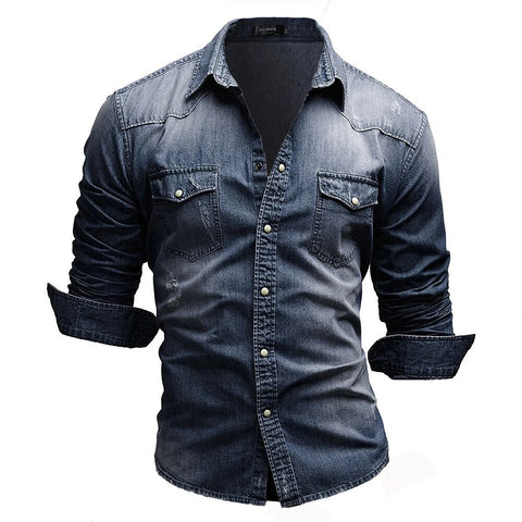 Camisa vaquera informal de manga larga con dos bolsillos para hombre