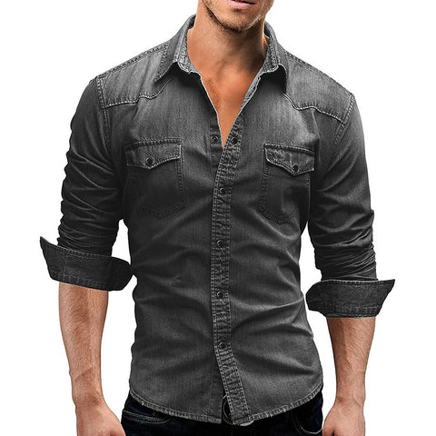 Camisa vaquera informal de manga larga con dos bolsillos para hombre