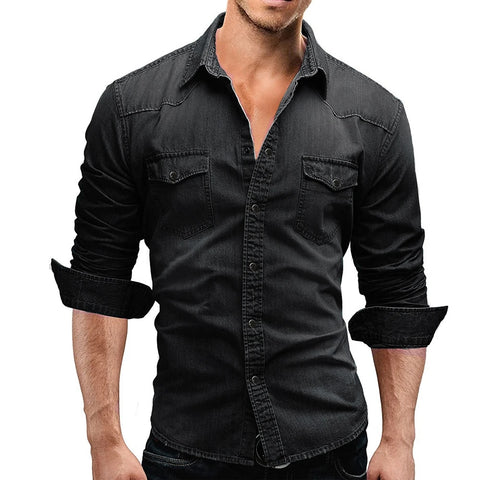 Camisa vaquera informal de manga larga con dos bolsillos para hombre