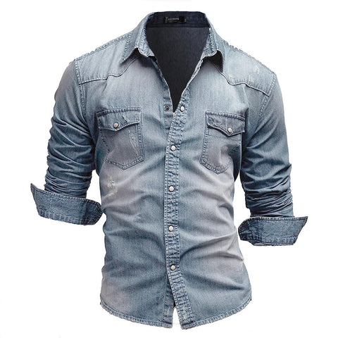 Camisa vaquera informal de manga larga con dos bolsillos para hombre