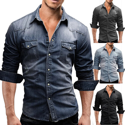 Camisa vaquera informal de manga larga con dos bolsillos para hombre