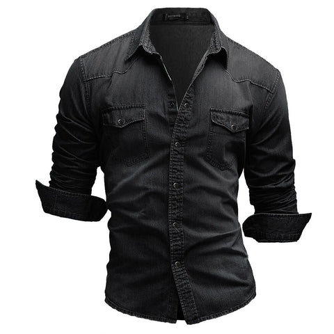 Camisa vaquera informal de manga larga con dos bolsillos para hombre