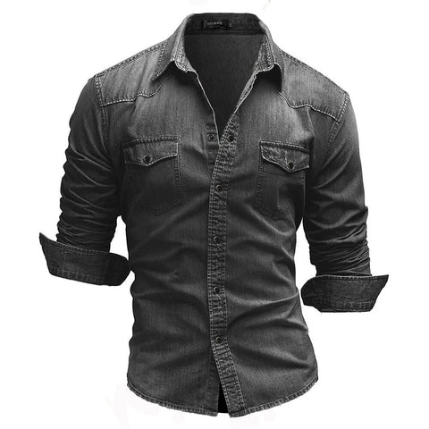 Camisa vaquera informal de manga larga con dos bolsillos para hombre