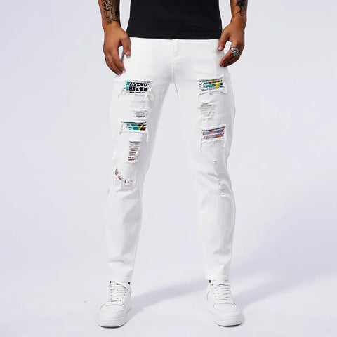 RESHAKE Ripped Slim Fit White Stretch Jeans