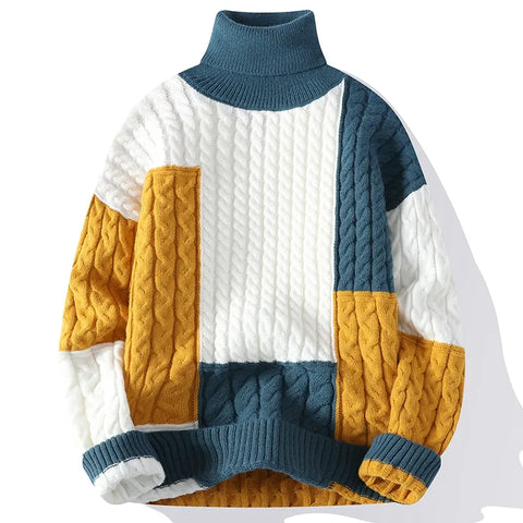 NEW Men's Colorblock Thickened Turtleneck Sweater