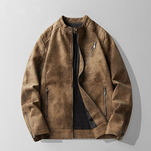 Mandarin Collar Suede Leather Jacket