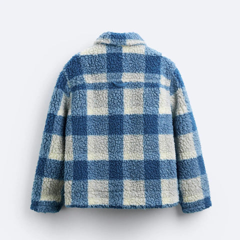 NOUVEAU Manteau d'agneau à carreaux bleu DNWR Luxe