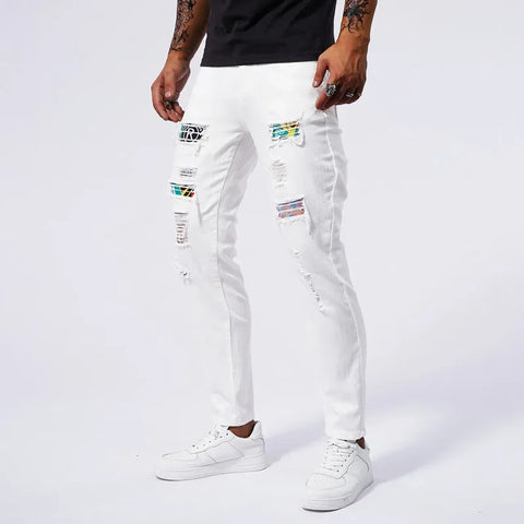 RESHAKE Ripped Slim Fit White Stretch Jeans