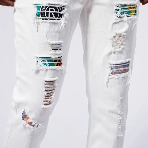 RESHAKE Ripped Slim Fit White Stretch Jeans