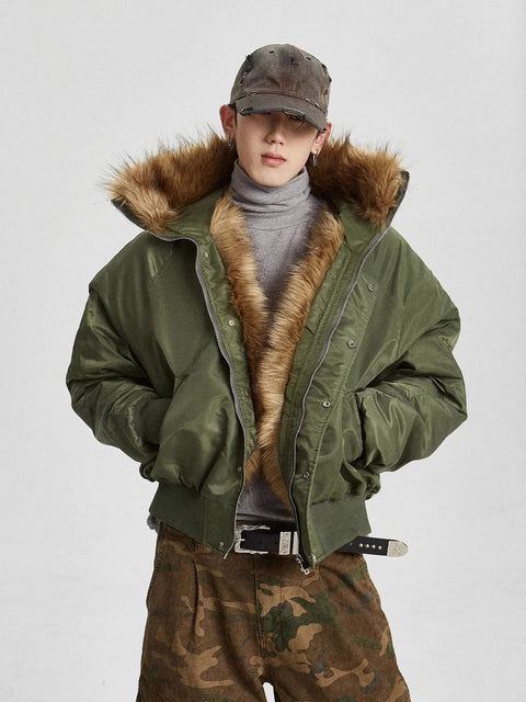 UNCLEDON Luxury Fur Collar Hooded Cotton Puffer Jacket