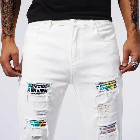 RESHAKE Ripped Slim Fit White Stretch Jeans