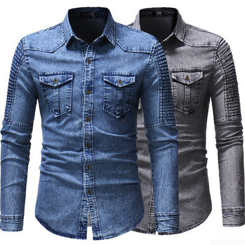 Chemise en jean doublée à manches plissées pour hommes 