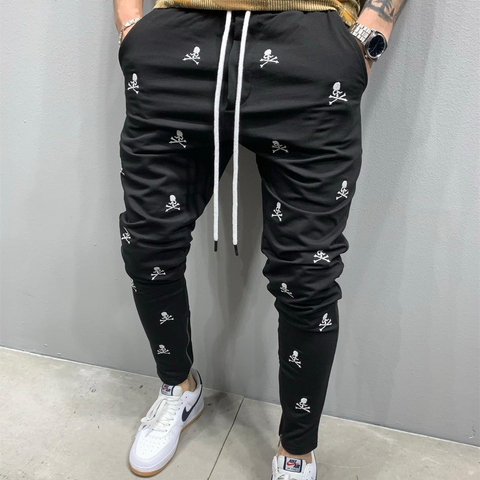 Pantalones con estampado de calavera y cordón a la moda para hombre 