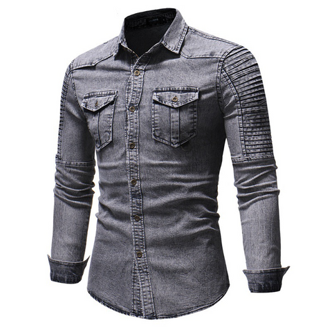 Men's Pleated Sleeve Stitch Lined Denim Shirt