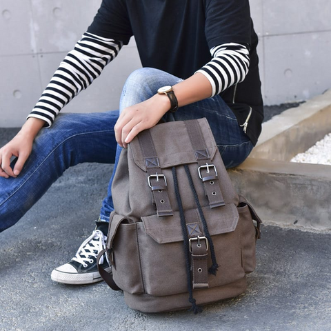 Sac à dos rétro en toile avec boucle en métal 