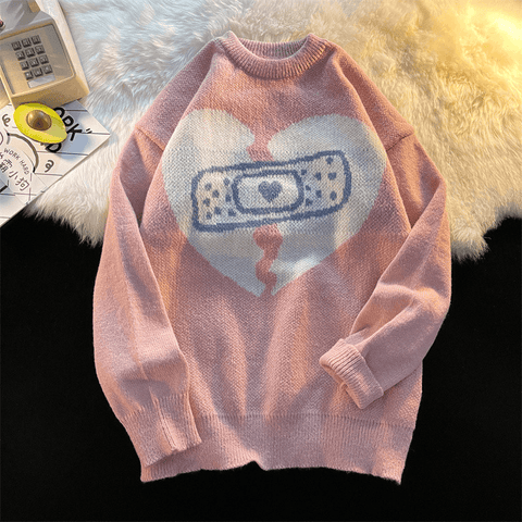 Gamer Heart Printed Round Neck Knit Sweater - Sweaters - NouveExpress