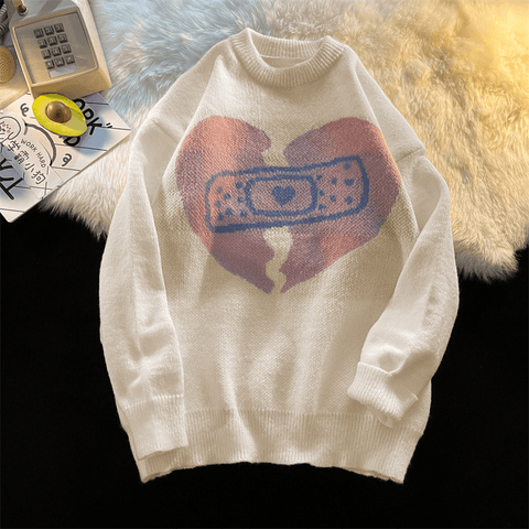 Gamer Heart Printed Round Neck Knit Sweater - Sweaters - NouveExpress