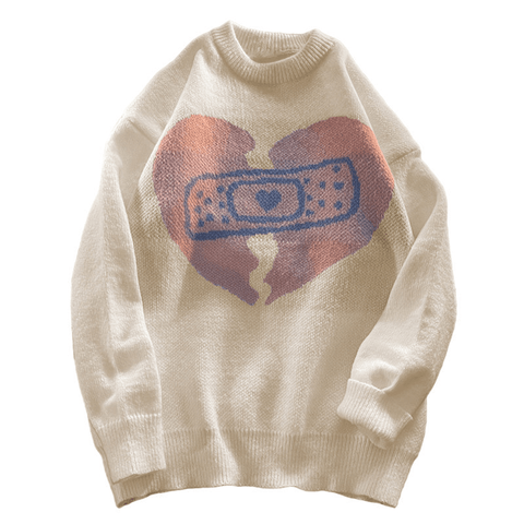 Gamer Heart Printed Round Neck Knit Sweater - Sweaters - NouveExpress