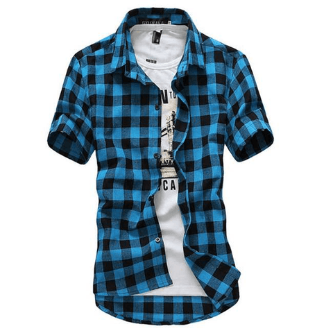 Men Lapel Short-Sleeve Plaid Shirt - Shirts - NouveExpress