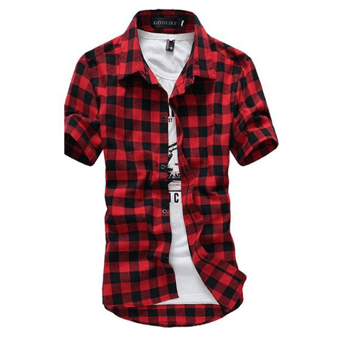 Men Lapel Short-Sleeve Plaid Shirt - Shirts - NouveExpress