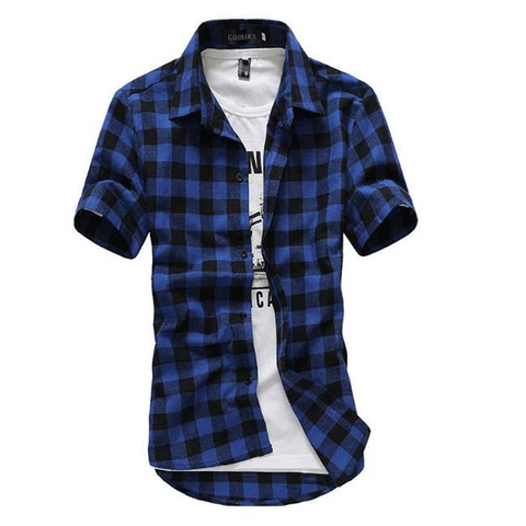 Men Lapel Short-Sleeve Plaid Shirt - Shirts - NouveExpress