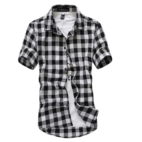 Men Lapel Short-Sleeve Plaid Shirt - Shirts - NouveExpress