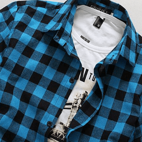 Men Lapel Short-Sleeve Plaid Shirt - Shirts - NouveExpress