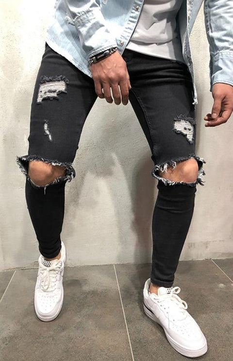 Men's Fashion Mid Waist Ripped Slim Jeans - Jeans - NouveExpress