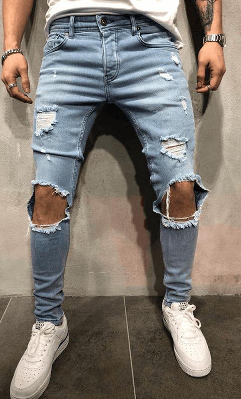 Men's Fashion Mid Waist Ripped Slim Jeans - Jeans - NouveExpress