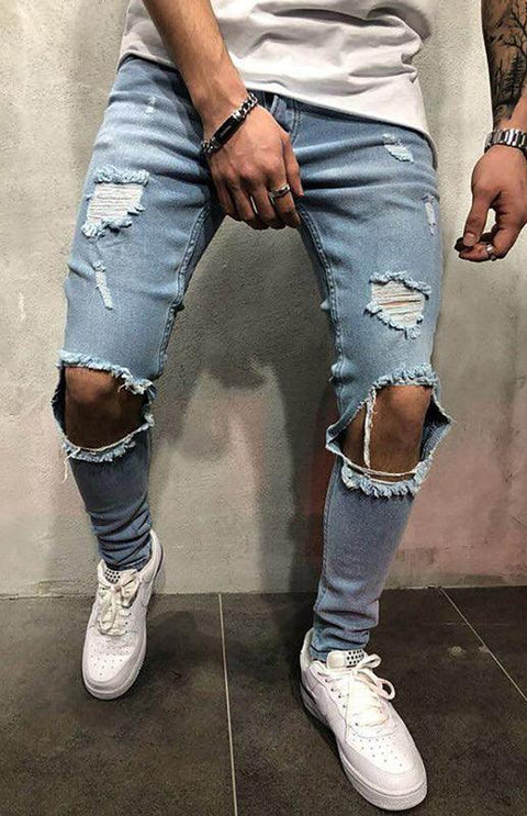 Men's Fashion Mid Waist Ripped Slim Jeans - Jeans - NouveExpress