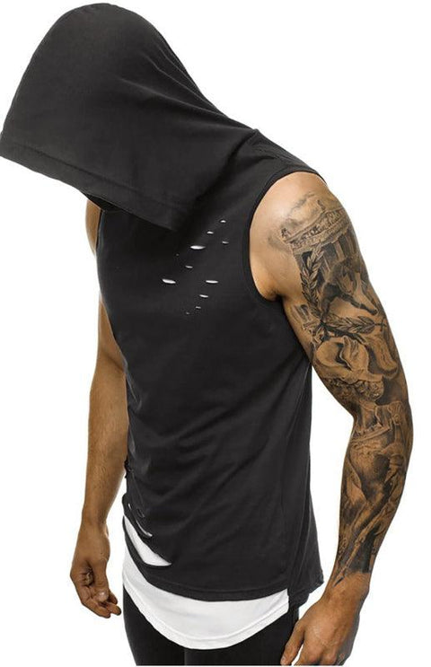 Men's Hooded Vest Double Layer Broken Copper Pullover Sleeveless Vest -  - NouveExpress