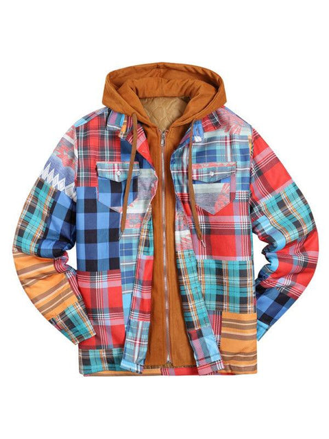 Men'S Printed Hooded Fake Two-Piece Jacket Cotton Jacket -  - NouveExpress