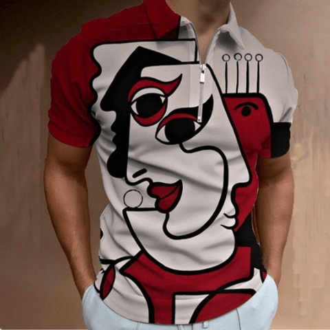 Mens Fashion Casual Graphic Print Polo Half Zipper Polo Shirt - Polo Shirts - NouveExpress