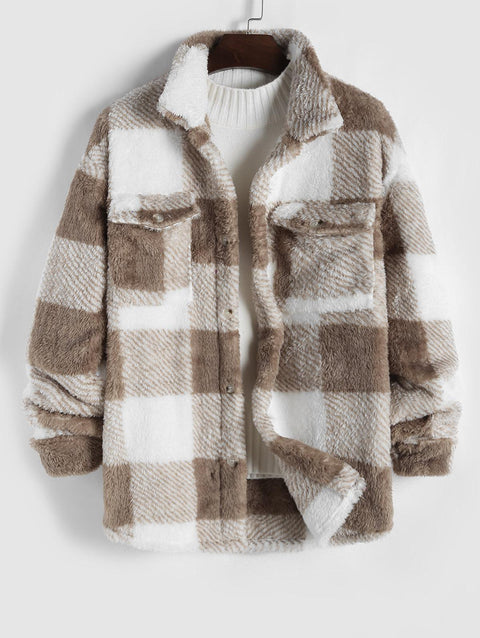 NEW Plaid Pattern Flap Pocket Design Fluffy Jacket - Jackets - NouveExpress