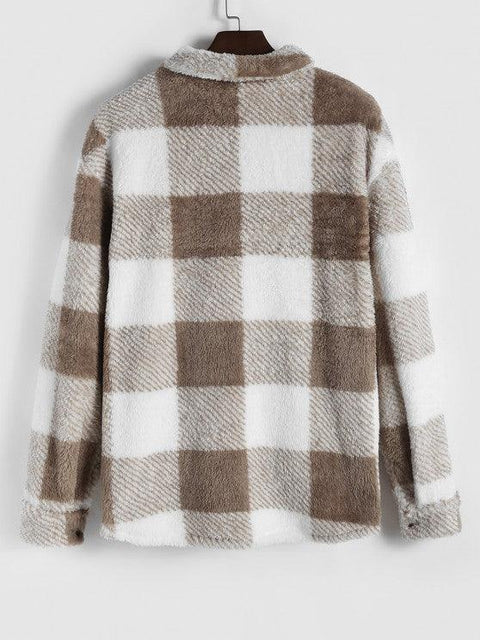 NEW Plaid Pattern Flap Pocket Design Fluffy Jacket - Jackets - NouveExpress